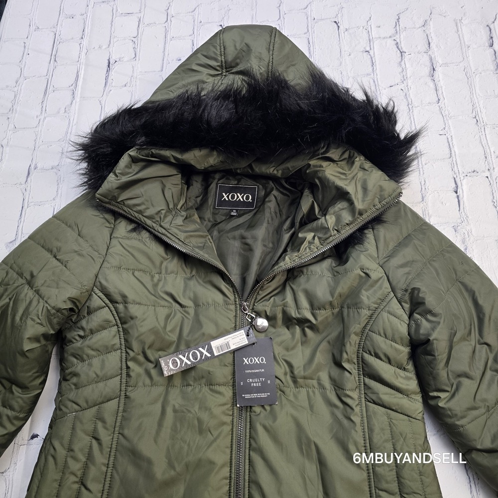 XOXO Olive Green Puffer Jacket with Black Faux Fur Hood NWT